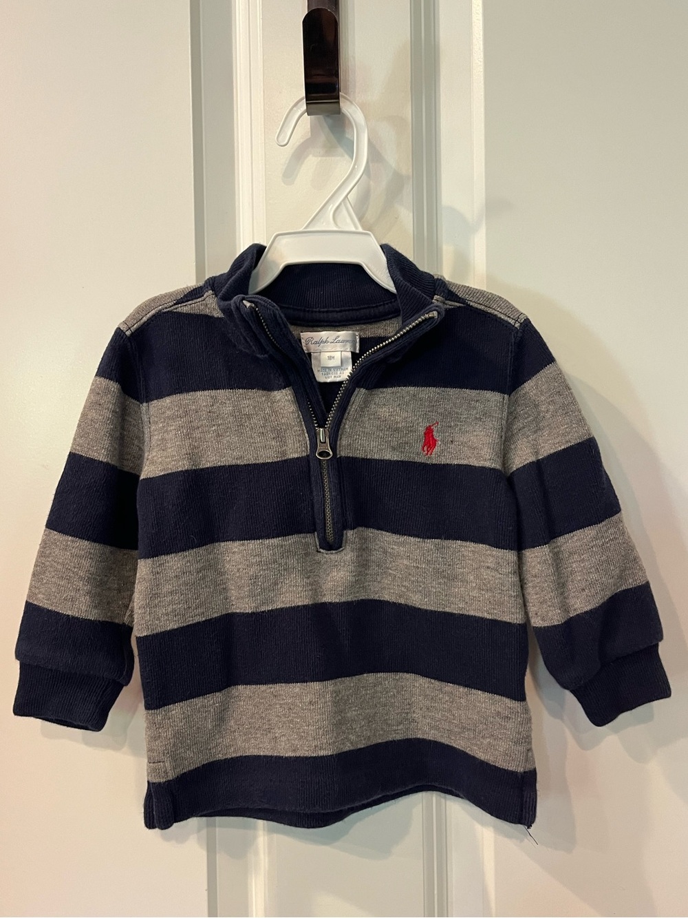 Polo Ralph Lauren Navy & Gray Striped Half-Zip Pullover Top, baby boy size 18 mo